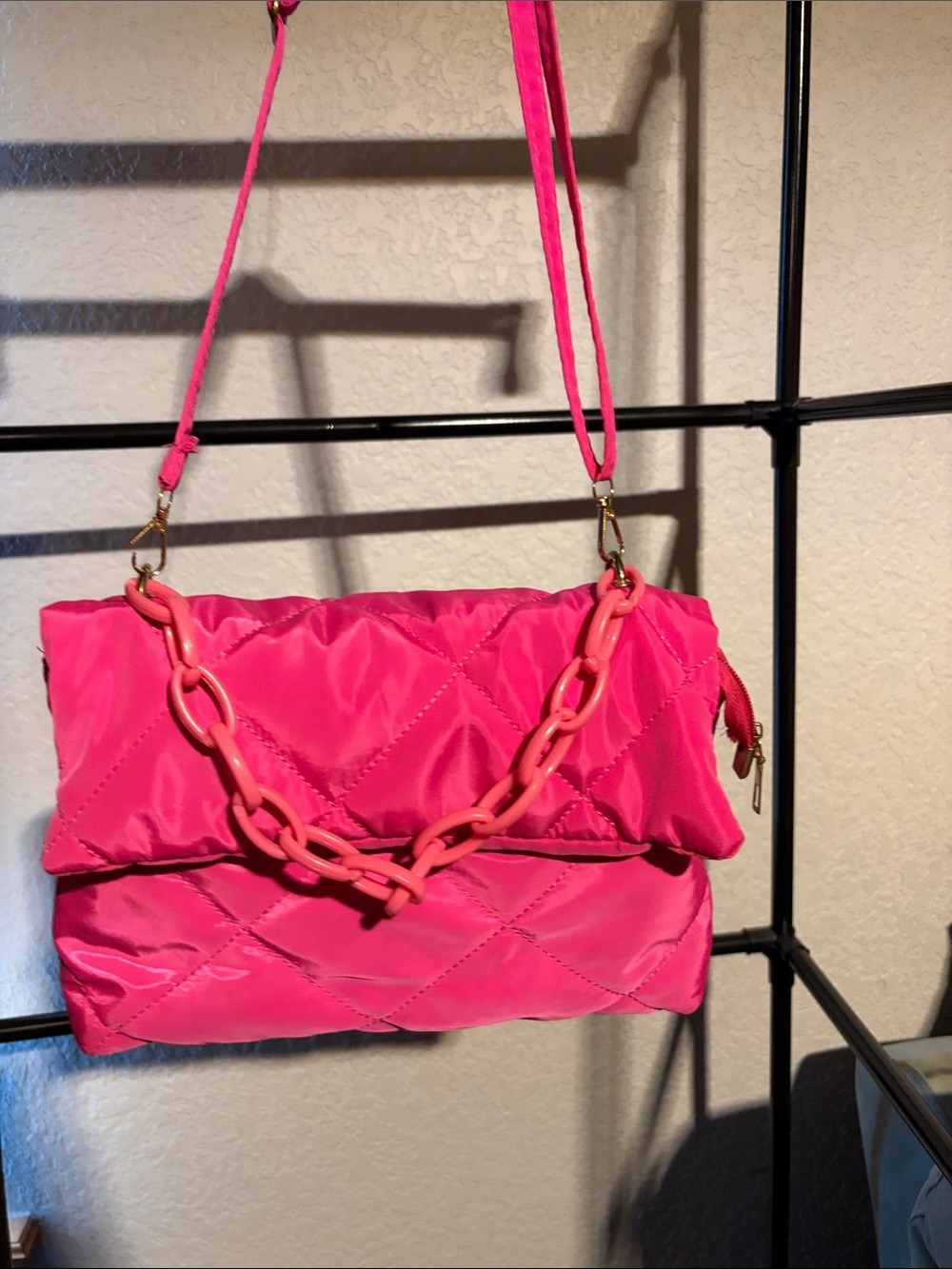 SHEIN Bright Pink Quilted Crossbody Bag with Chain